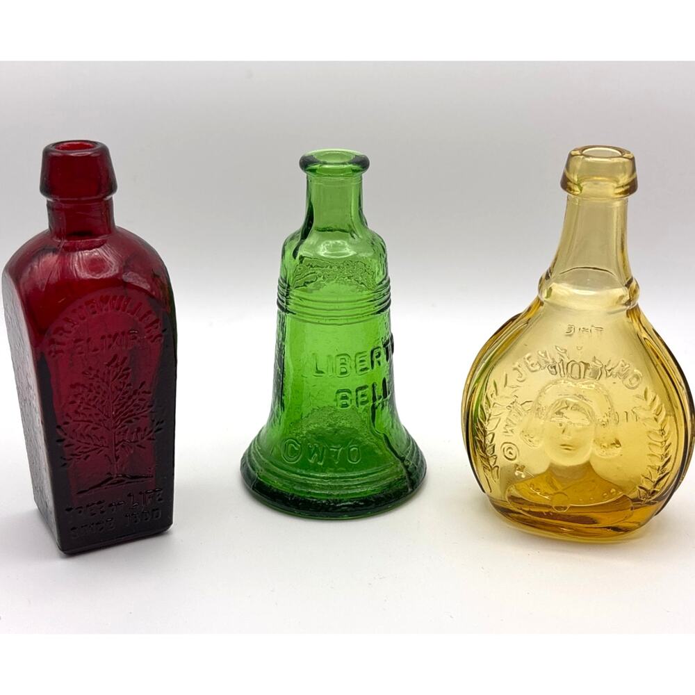 Mini Elixir Embossed Bottles Lot Of (3) Wheaton NJ Assorted Collectible Bottles